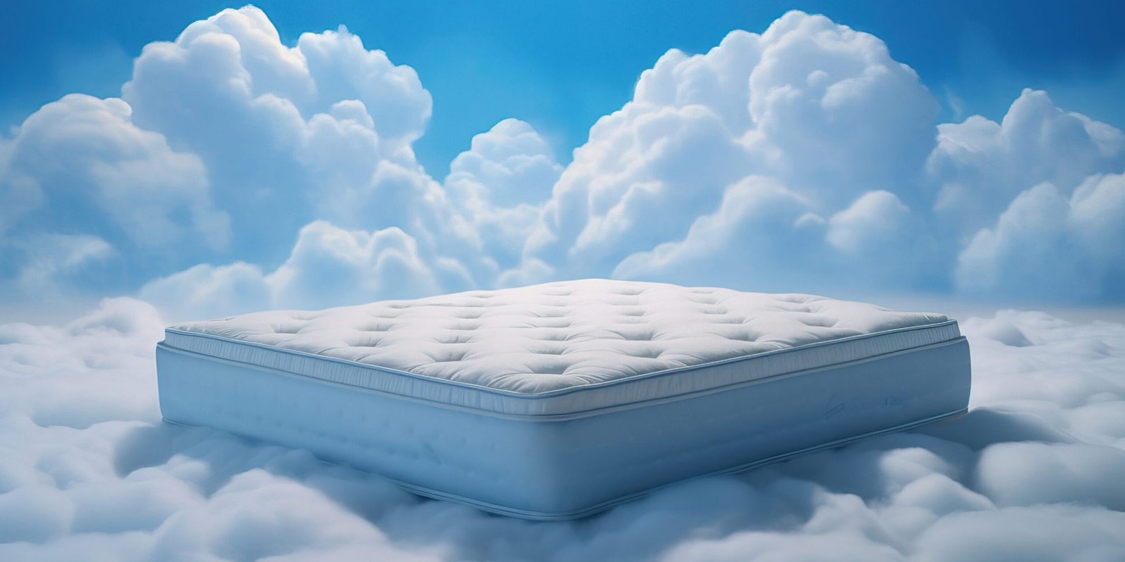Mattress Protector thumbnail blue mattress at the clouds, in the style of hyperrealistic compositions, realistic yet stylized --ar 64:45 --v 5.2